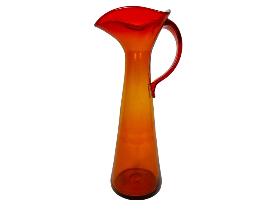 Vintage MCM Blenko Glass Handmade Red Orange Pitcher 15'H [Photo 1]