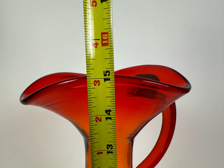 Vintage MCM Blenko Glass Handmade Red Orange Pitcher 15'H [Photo 8]
