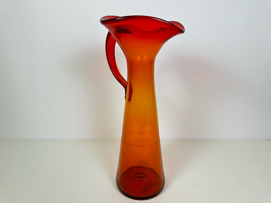 Vintage MCM Blenko Glass Handmade Red Orange Pitcher 15'H [Photo 4]