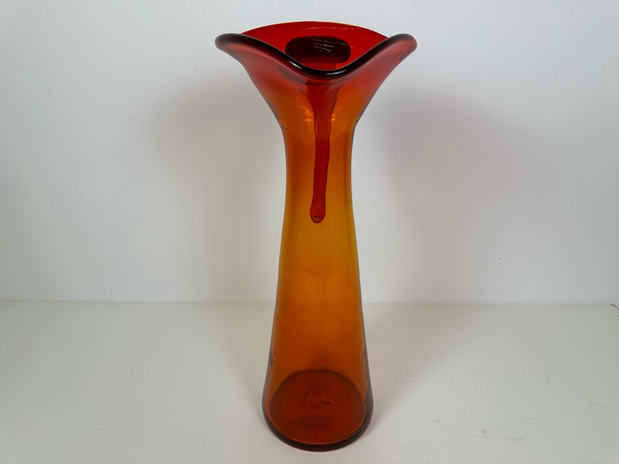 Vintage MCM Blenko Glass Handmade Red Orange Pitcher 15'H [Photo 3]