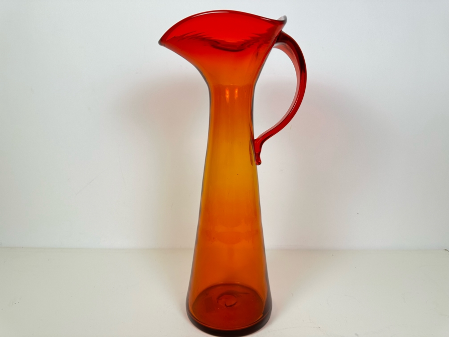 Vintage MCM Blenko Glass Handmade Red Orange Pitcher 15'H [Photo 2]
