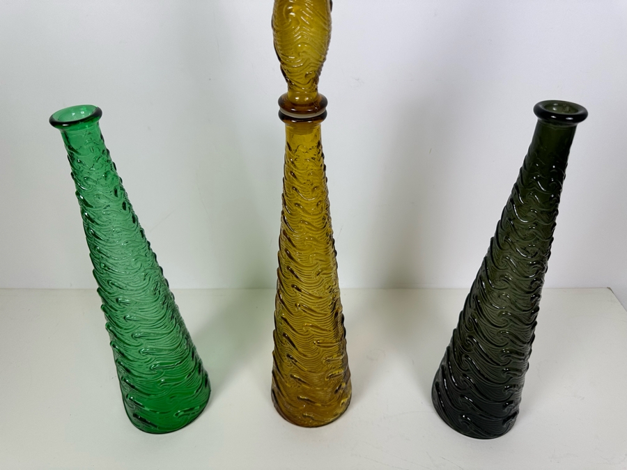 Vintage MCM Empoli Genie Wine Bottles Decanters With Wave Pattern Handmade In Italy (One With Stopper) 16'H [Photo 6]