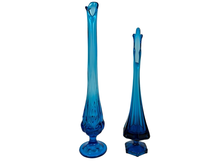 Vintage MCM L. E. Smith Swung Glass Vase 16.5'H (L) And Viking Glass 6-Panel Swung Art Glass Vase 14'H (R) In Blue [Photo 1]