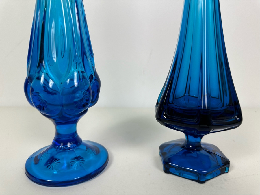 Vintage MCM L. E. Smith Swung Glass Vase 16.5'H (L) And Viking Glass 6-Panel Swung Art Glass Vase 14'H (R) In Blue [Photo 2]