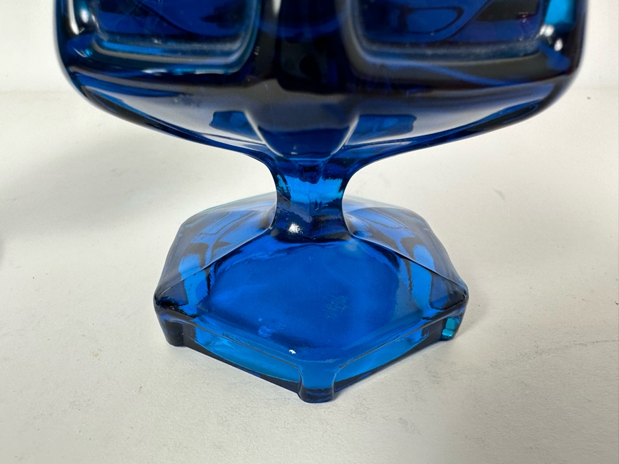 Vintage MCM L. E. Smith Swung Glass Vase 16.5'H (L) And Viking Glass 6-Panel Swung Art Glass Vase 14'H (R) In Blue [Photo 6]