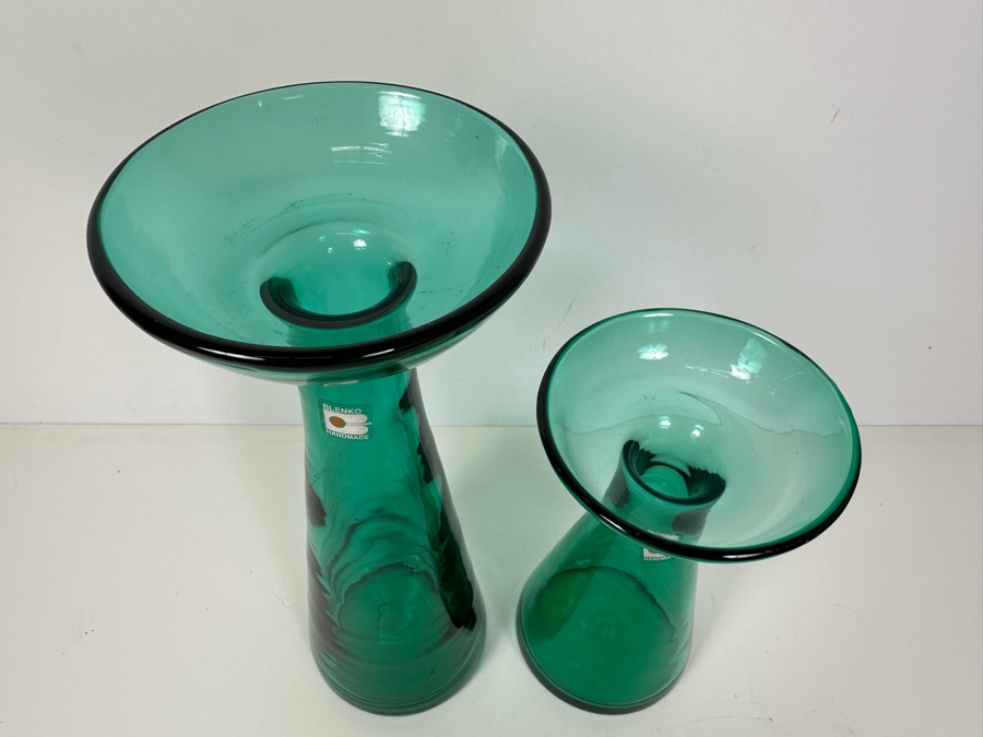 Pair Of Vintage Blenko Glass Vases Teal Blue 9.5'H / 13'H  [Photo 4]