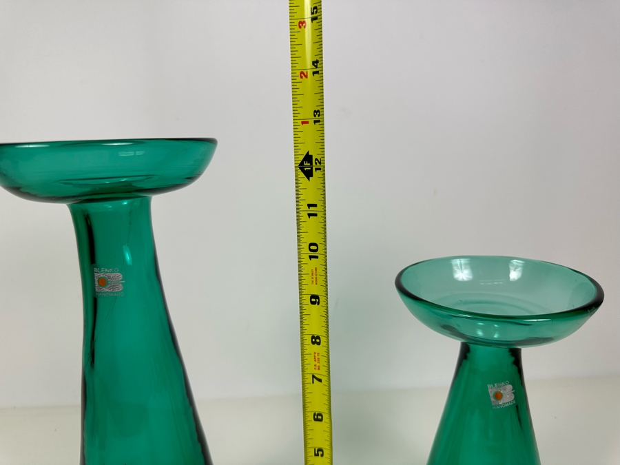 Pair Of Vintage Blenko Glass Vases Teal Blue 9.5'H / 13'H  [Photo 6]