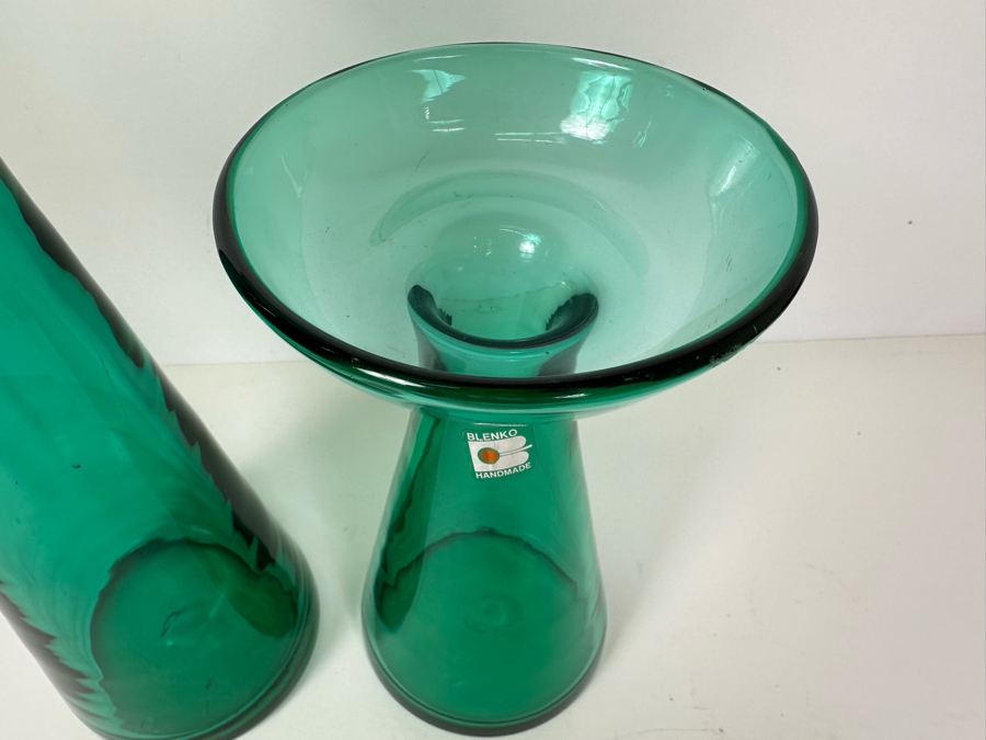 Pair Of Vintage Blenko Glass Vases Teal Blue 9.5'H / 13'H  [Photo 3]