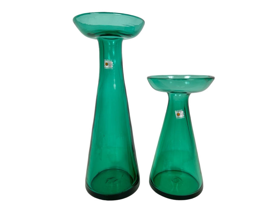Pair Of Vintage Blenko Glass Vases Teal Blue 9.5'H / 13'H  [Photo 1]