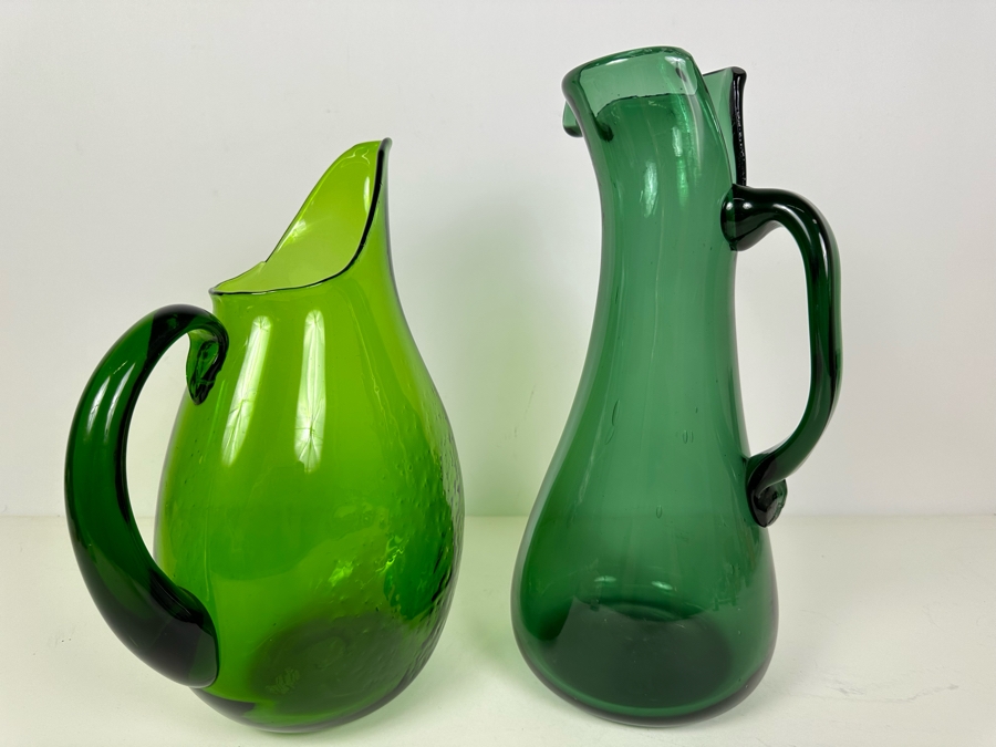Vintage Blenko Art Glass Pitcher 12'H (L) And Art Glass Pitcher 14'H (R) Green [Photo 5]