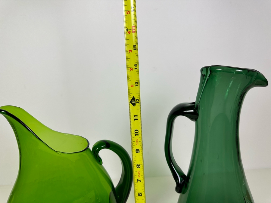 Vintage Blenko Art Glass Pitcher 12'H (L) And Art Glass Pitcher 14'H (R) Green [Photo 10]