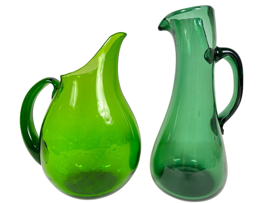 Vintage Blenko Art Glass Pitcher 12'H (L) And Art Glass Pitcher 14'H (R) Green [Photo 1]