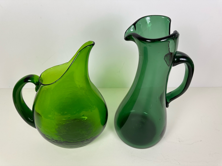 Vintage Blenko Art Glass Pitcher 12'H (L) And Art Glass Pitcher 14'H (R) Green [Photo 4]