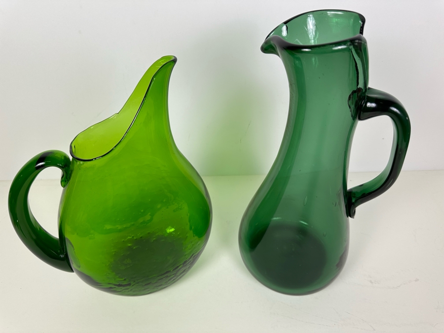 Vintage Blenko Art Glass Pitcher 12'H (L) And Art Glass Pitcher 14'H (R) Green [Photo 2]