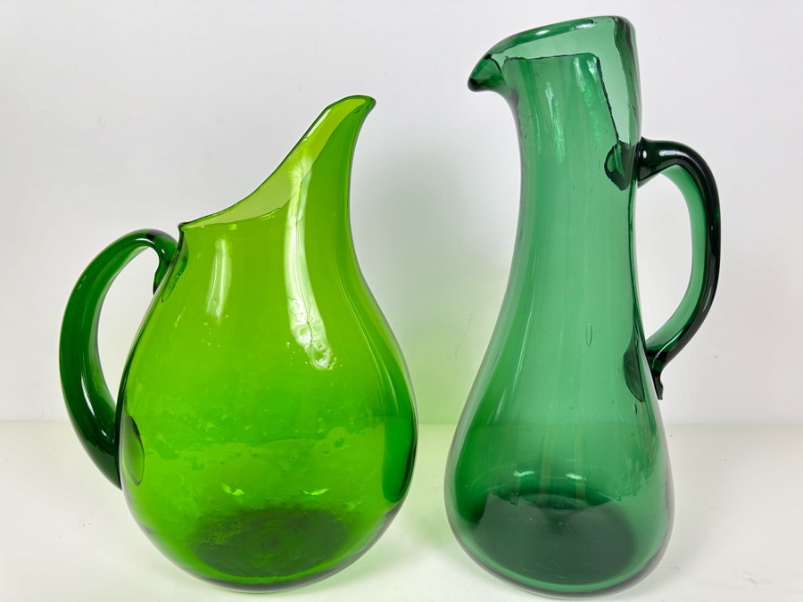 Vintage Blenko Art Glass Pitcher 12'H (L) And Art Glass Pitcher 14'H (R) Green [Photo 3]