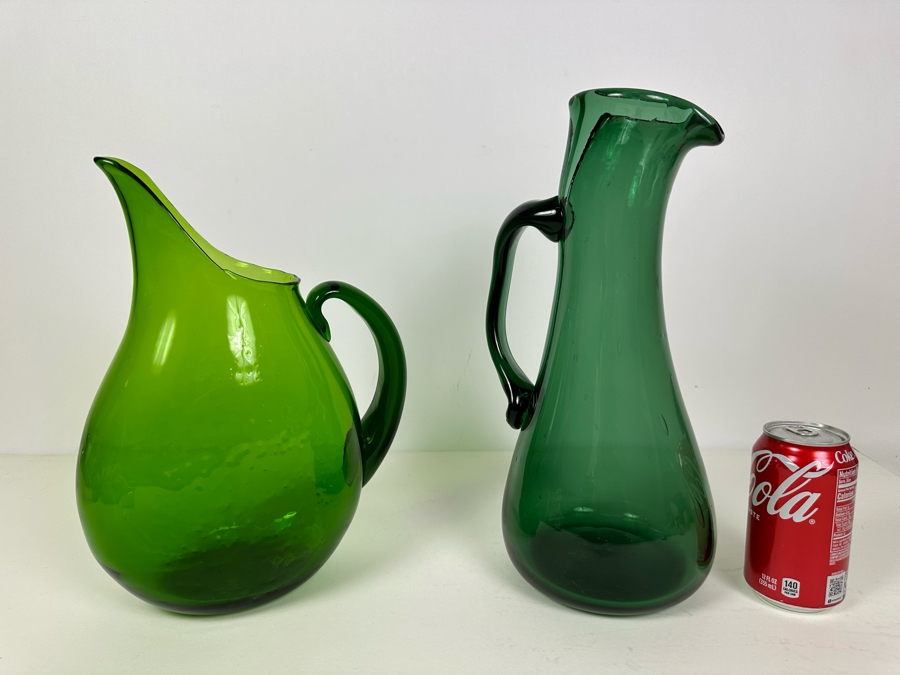 Vintage Blenko Art Glass Pitcher 12'H (L) And Art Glass Pitcher 14'H (R) Green [Photo 9]