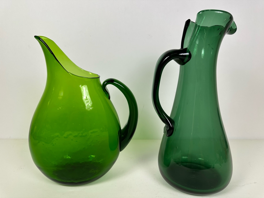 Vintage Blenko Art Glass Pitcher 12'H (L) And Art Glass Pitcher 14'H (R) Green [Photo 6]