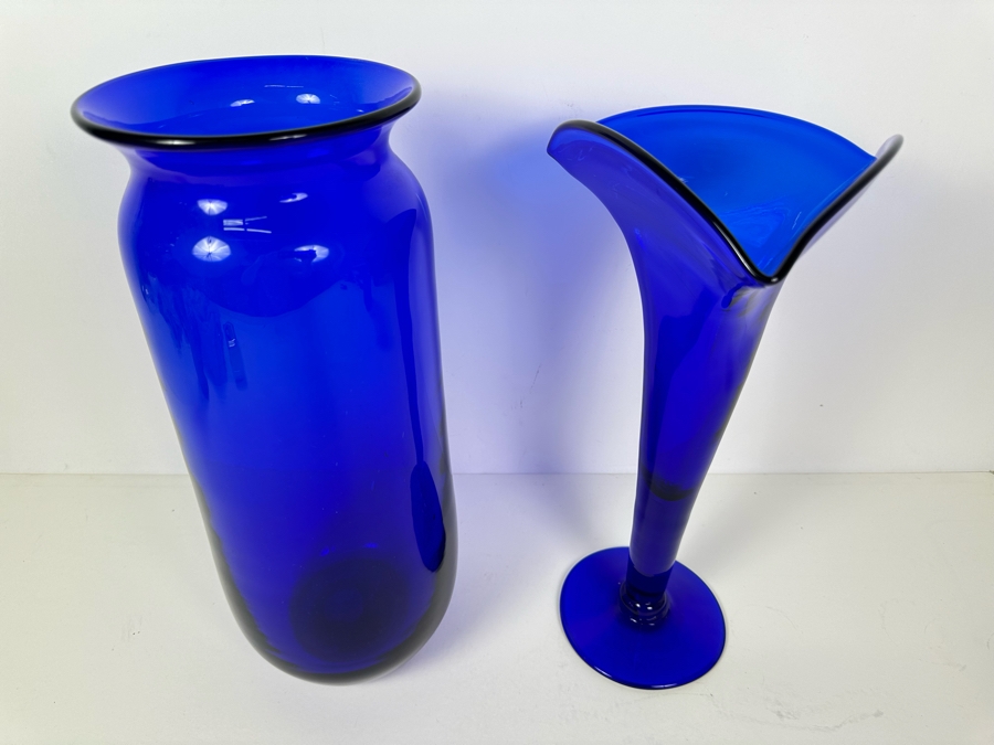 Pair Of Blue Blenko Art Glass Vases 15.5'H [Photo 2]