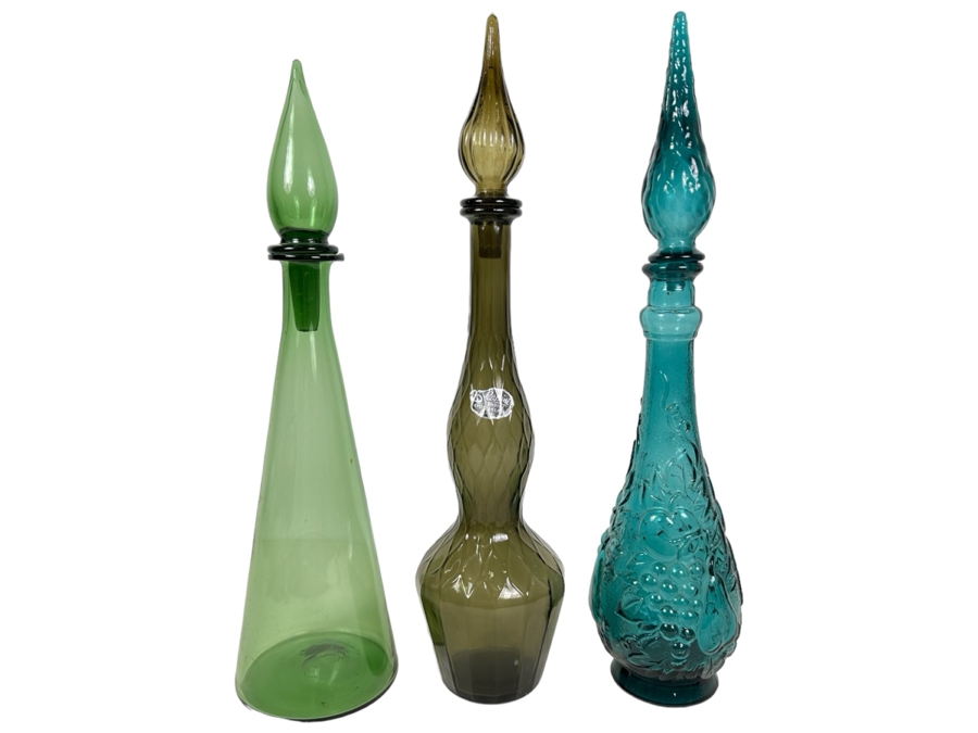 Set Of Three Vintage MCM Empoli Glass Genie Bottles Decanters Italian Glass With Stoppers 18'H [Photo 1]