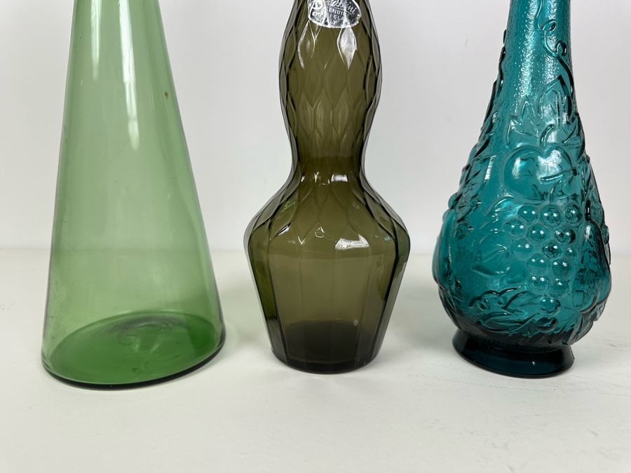 Set Of Three Vintage MCM Empoli Glass Genie Bottles Decanters Italian Glass With Stoppers 18'H [Photo 3]