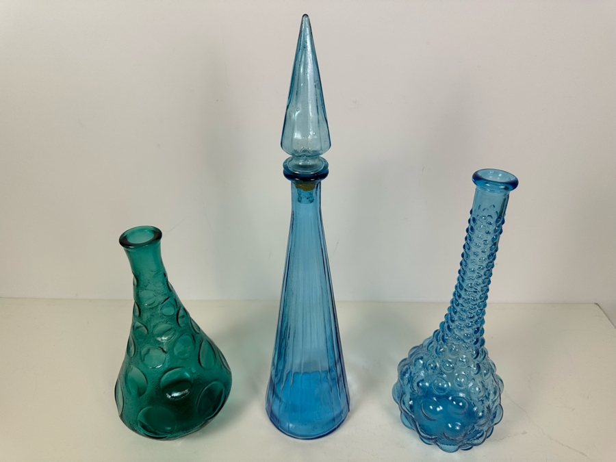 Set Of Three Vintage MCM Empoli Glass Genie Bottles Decanters Italian Glass One With Stopper 11'H - 14'H [Photo 6]