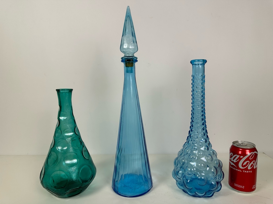 Set Of Three Vintage MCM Empoli Glass Genie Bottles Decanters Italian Glass One With Stopper 11'H - 14'H [Photo 7]