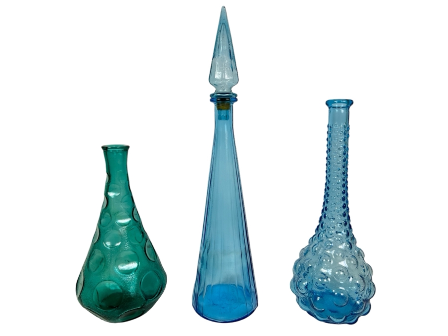 Set Of Three Vintage MCM Empoli Glass Genie Bottles Decanters Italian Glass One With Stopper 11'H - 14'H [Photo 1]