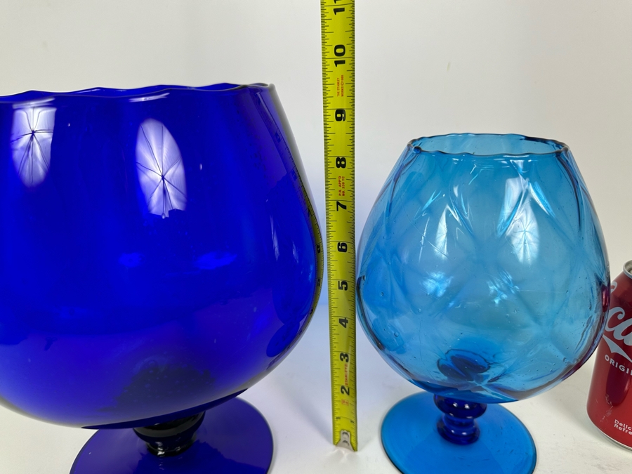 Pair Of Vintage MCM Empoli Glass Vases Blue Brandy Snifters Italy 8.5'H & 9.5'H [Photo 4]