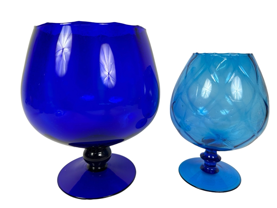 Pair Of Vintage MCM Empoli Glass Vases Blue Brandy Snifters Italy 8.5'H & 9.5'H