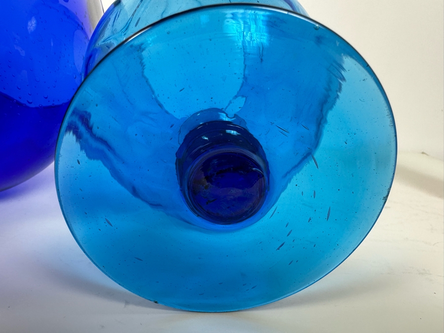 Pair Of Vintage MCM Empoli Glass Vases Blue Brandy Snifters Italy 8.5'H & 9.5'H [Photo 5]