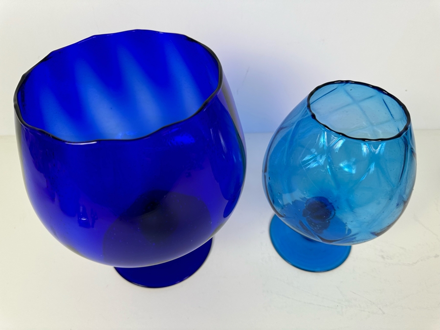 Pair Of Vintage MCM Empoli Glass Vases Blue Brandy Snifters Italy 8.5'H & 9.5'H [Photo 2]