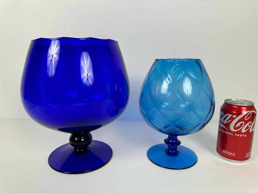 Pair Of Vintage MCM Empoli Glass Vases Blue Brandy Snifters Italy 8.5'H & 9.5'H [Photo 3]