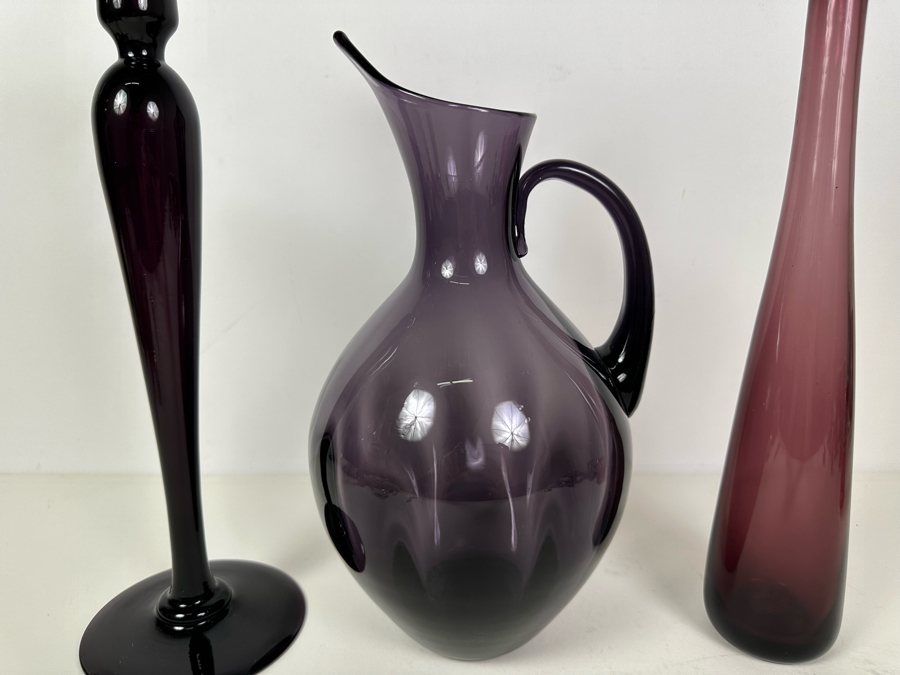 Vintage Pairpoint Glass Candlestick 16'H  (L), Vintage Blenko Glass Optic Pitcher No. 991 Designed By Winslow Anderson 13'H (M), Blenko Glass Vase By Wayne Husted 15'H (R) Purple Amethyst Violet [Photo 2]