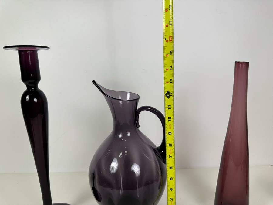 Vintage Pairpoint Glass Candlestick 16'H  (L), Vintage Blenko Glass Optic Pitcher No. 991 Designed By Winslow Anderson 13'H (M), Blenko Glass Vase By Wayne Husted 15'H (R) Purple Amethyst Violet [Photo 9]