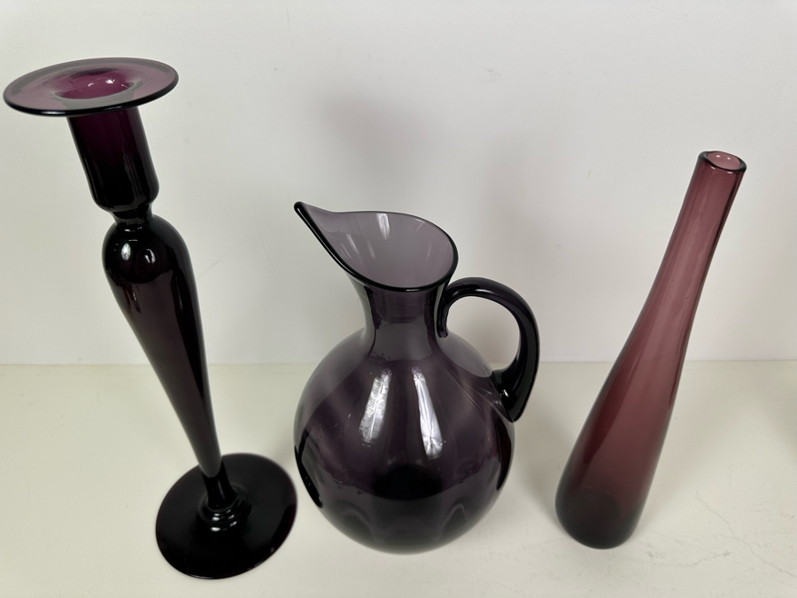Vintage Pairpoint Glass Candlestick 16'H  (L), Vintage Blenko Glass Optic Pitcher No. 991 Designed By Winslow Anderson 13'H (M), Blenko Glass Vase By Wayne Husted 15'H (R) Purple Amethyst Violet [Photo 4]