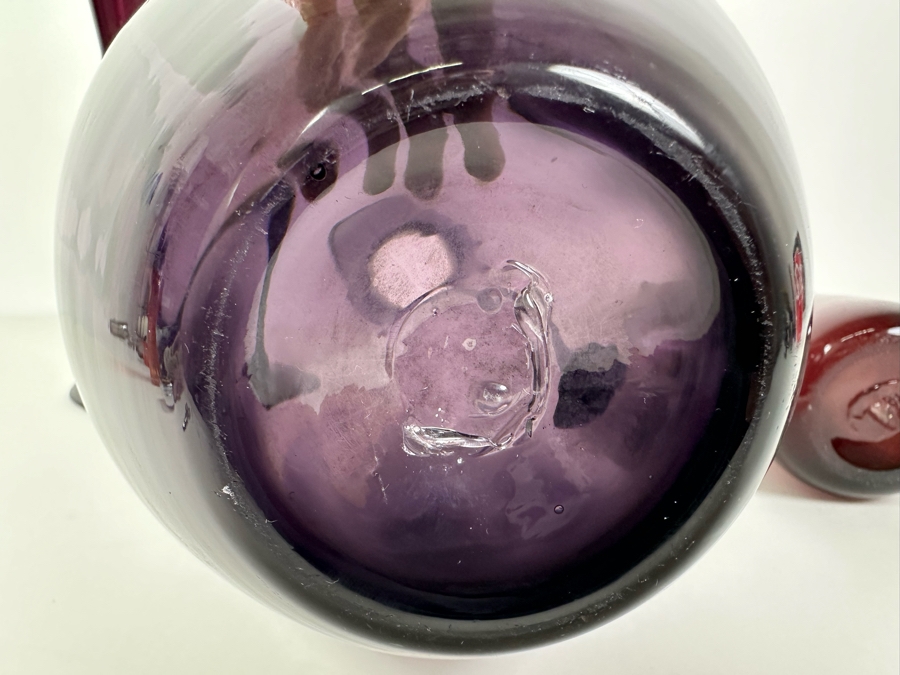 Vintage Pairpoint Glass Candlestick 16'H  (L), Vintage Blenko Glass Optic Pitcher No. 991 Designed By Winslow Anderson 13'H (M), Blenko Glass Vase By Wayne Husted 15'H (R) Purple Amethyst Violet [Photo 7]