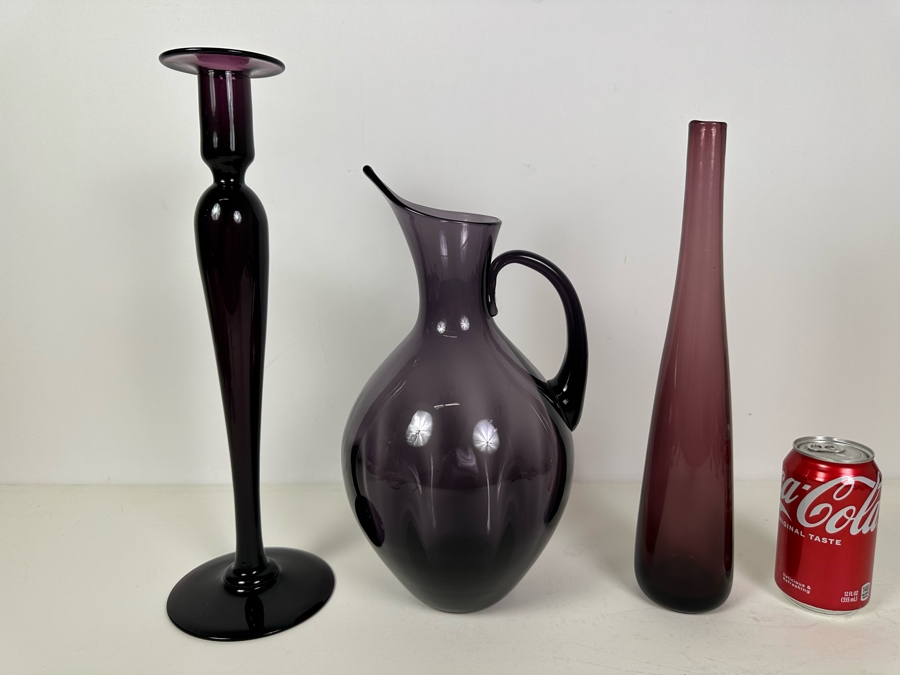 Vintage Pairpoint Glass Candlestick 16'H  (L), Vintage Blenko Glass Optic Pitcher No. 991 Designed By Winslow Anderson 13'H (M), Blenko Glass Vase By Wayne Husted 15'H (R) Purple Amethyst Violet [Photo 5]