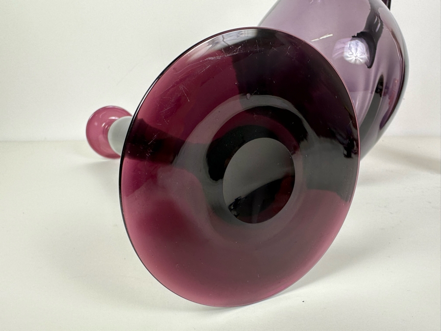 Vintage Pairpoint Glass Candlestick 16'H  (L), Vintage Blenko Glass Optic Pitcher No. 991 Designed By Winslow Anderson 13'H (M), Blenko Glass Vase By Wayne Husted 15'H (R) Purple Amethyst Violet [Photo 8]