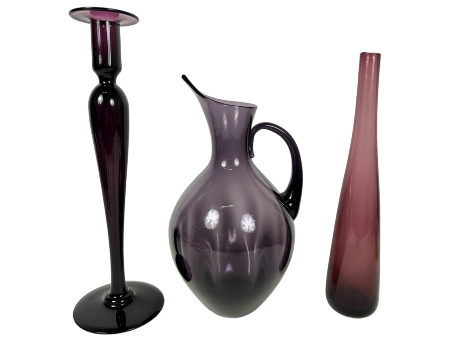 Vintage Pairpoint Glass Candlestick 16'H  (L), Vintage Blenko Glass Optic Pitcher No. 991 Designed By Winslow Anderson 13'H (M), Blenko Glass Vase By Wayne Husted 15'H (R) Purple Amethyst Violet