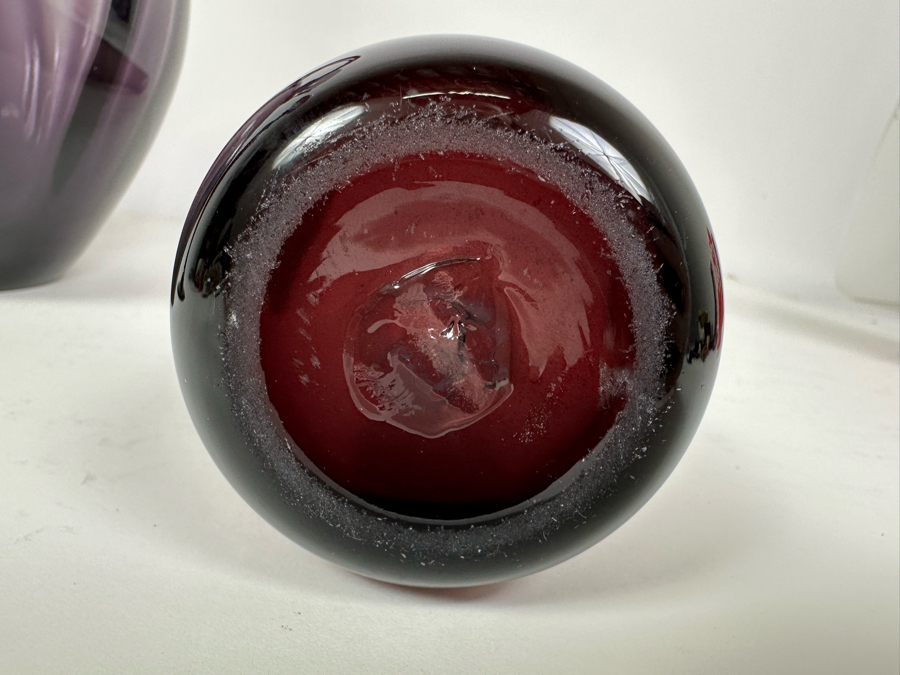 Vintage Pairpoint Glass Candlestick 16'H  (L), Vintage Blenko Glass Optic Pitcher No. 991 Designed By Winslow Anderson 13'H (M), Blenko Glass Vase By Wayne Husted 15'H (R) Purple Amethyst Violet [Photo 6]