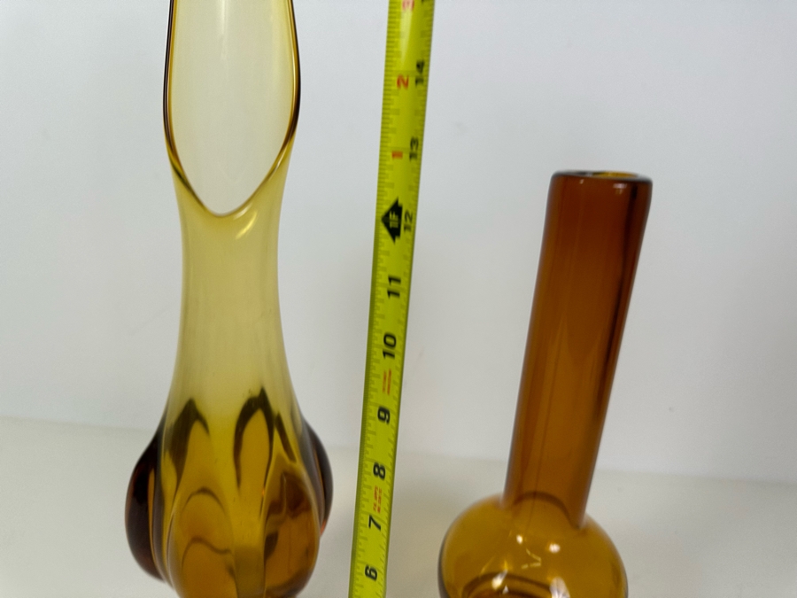 Vintage MCM Viking Glass Handmade Swung Vase 19'H And Vintage Handmade Glass Vase 14'H Amber [Photo 7]