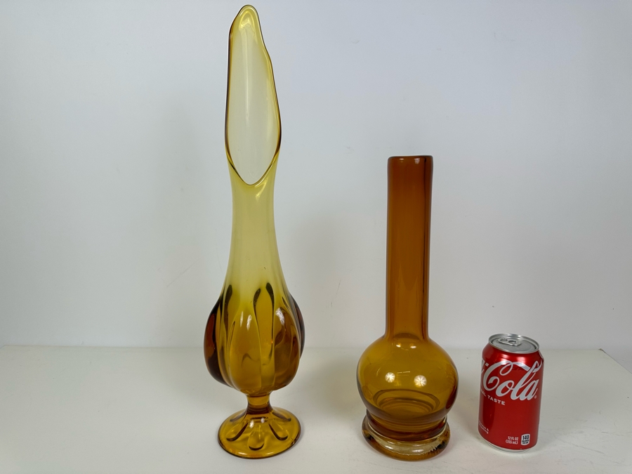 Vintage MCM Viking Glass Handmade Swung Vase 19'H And Vintage Handmade Glass Vase 14'H Amber [Photo 8]