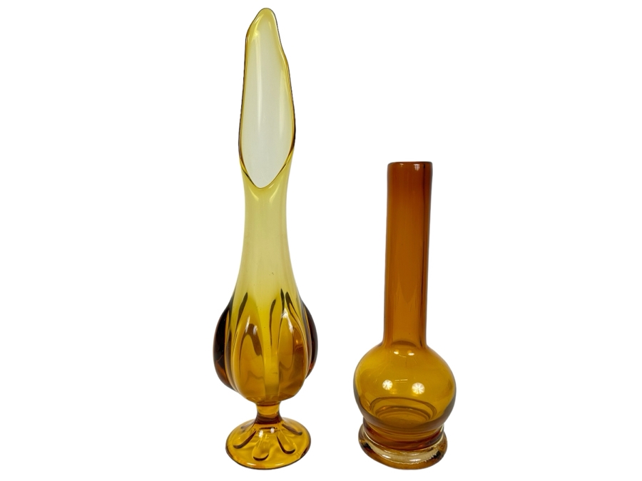 Vintage MCM Viking Glass Handmade Swung Vase 19'H And Vintage Handmade Glass Vase 14'H Amber