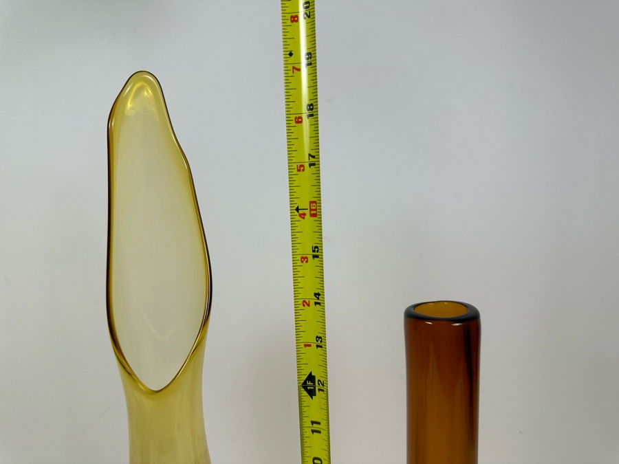 Vintage MCM Viking Glass Handmade Swung Vase 19'H And Vintage Handmade Glass Vase 14'H Amber [Photo 6]