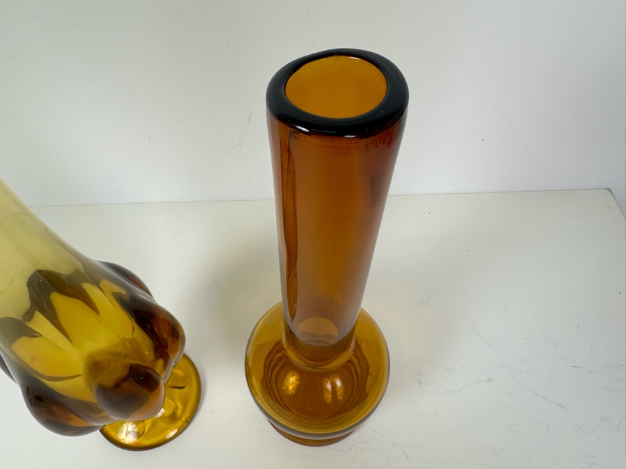 Vintage MCM Viking Glass Handmade Swung Vase 19'H And Vintage Handmade Glass Vase 14'H Amber [Photo 4]