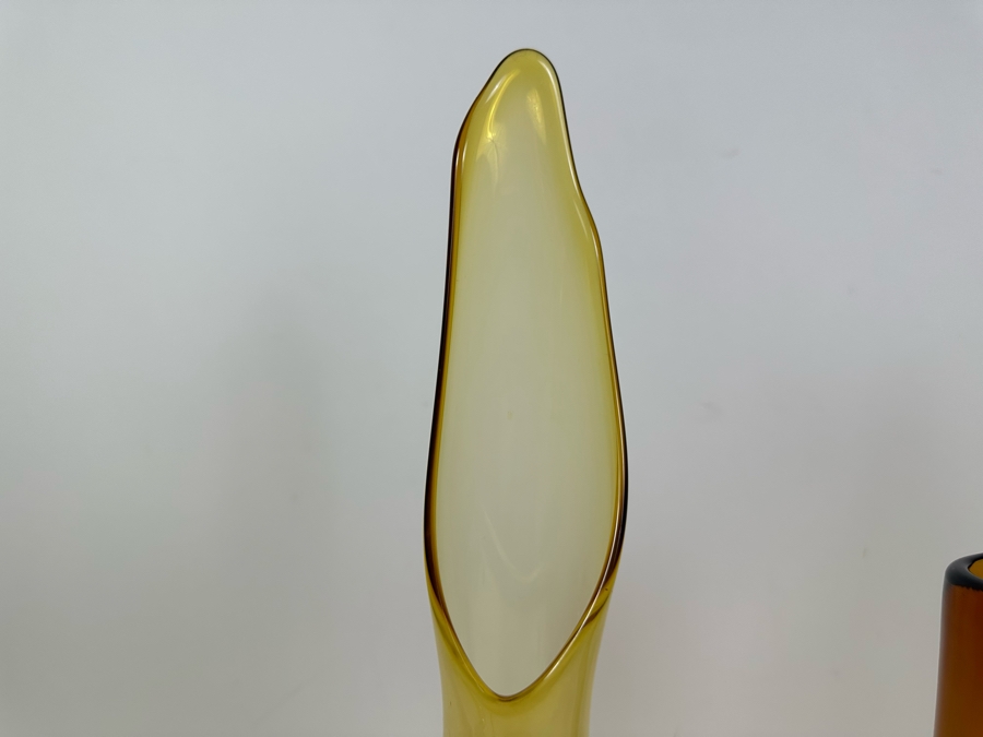 Vintage MCM Viking Glass Handmade Swung Vase 19'H And Vintage Handmade Glass Vase 14'H Amber [Photo 3]