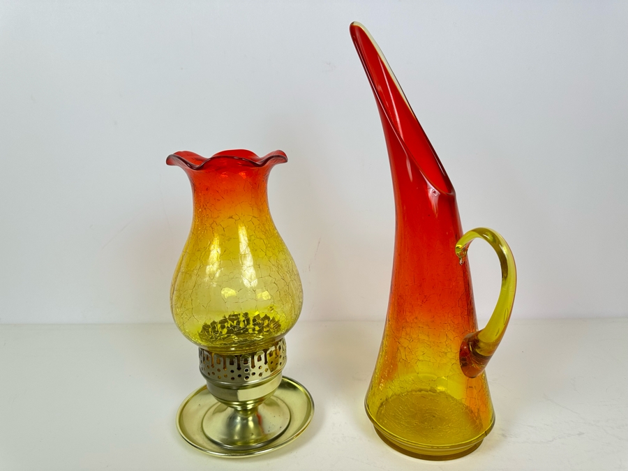 Vintage MCM Amberina Crackle Glass Chimney With Brass Oil Lamp 10'H And Kanawha Crackle Glass Pitcher 14.5'H [Photo 2]