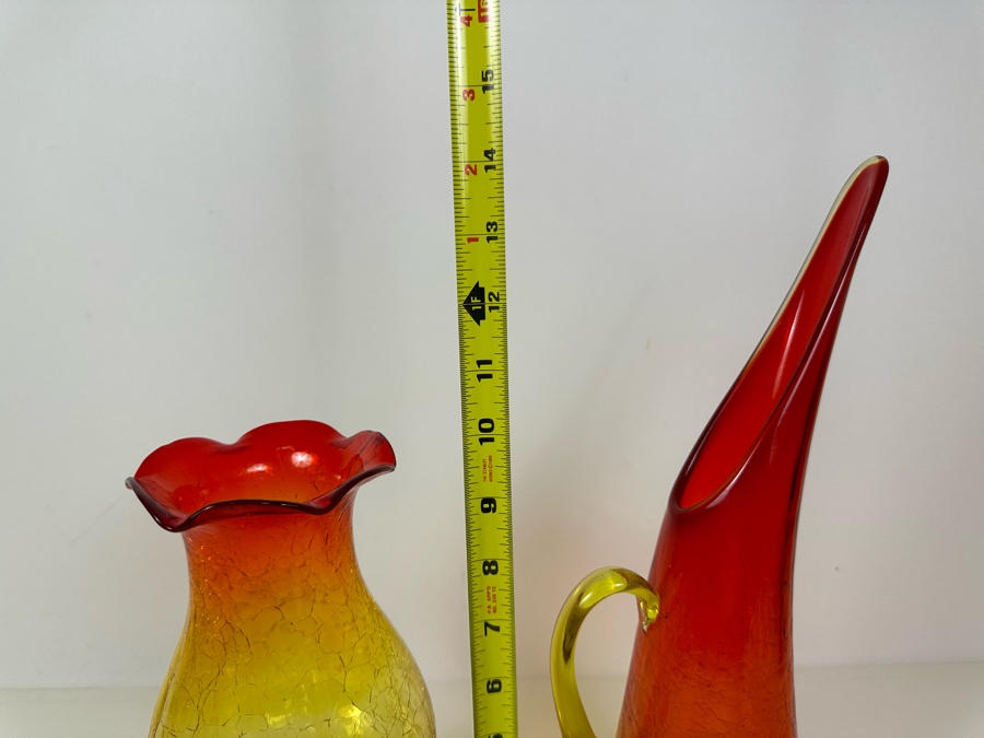 Vintage MCM Amberina Crackle Glass Chimney With Brass Oil Lamp 10'H And Kanawha Crackle Glass Pitcher 14.5'H [Photo 6]
