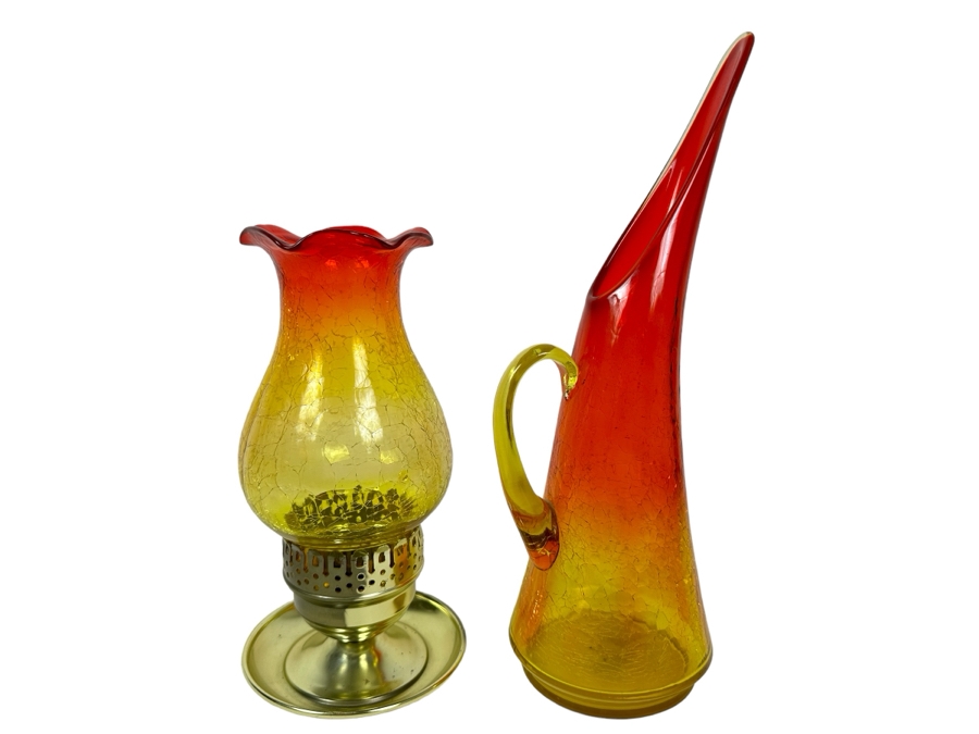 Vintage MCM Amberina Crackle Glass Chimney With Brass Oil Lamp 10'H And Kanawha Crackle Glass Pitcher 14.5'H