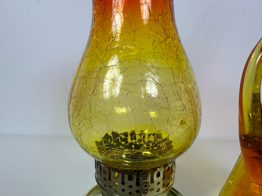 Vintage MCM Amberina Crackle Glass Chimney With Brass Oil Lamp 10'H And Kanawha Crackle Glass Pitcher 14.5'H [Photo 4]